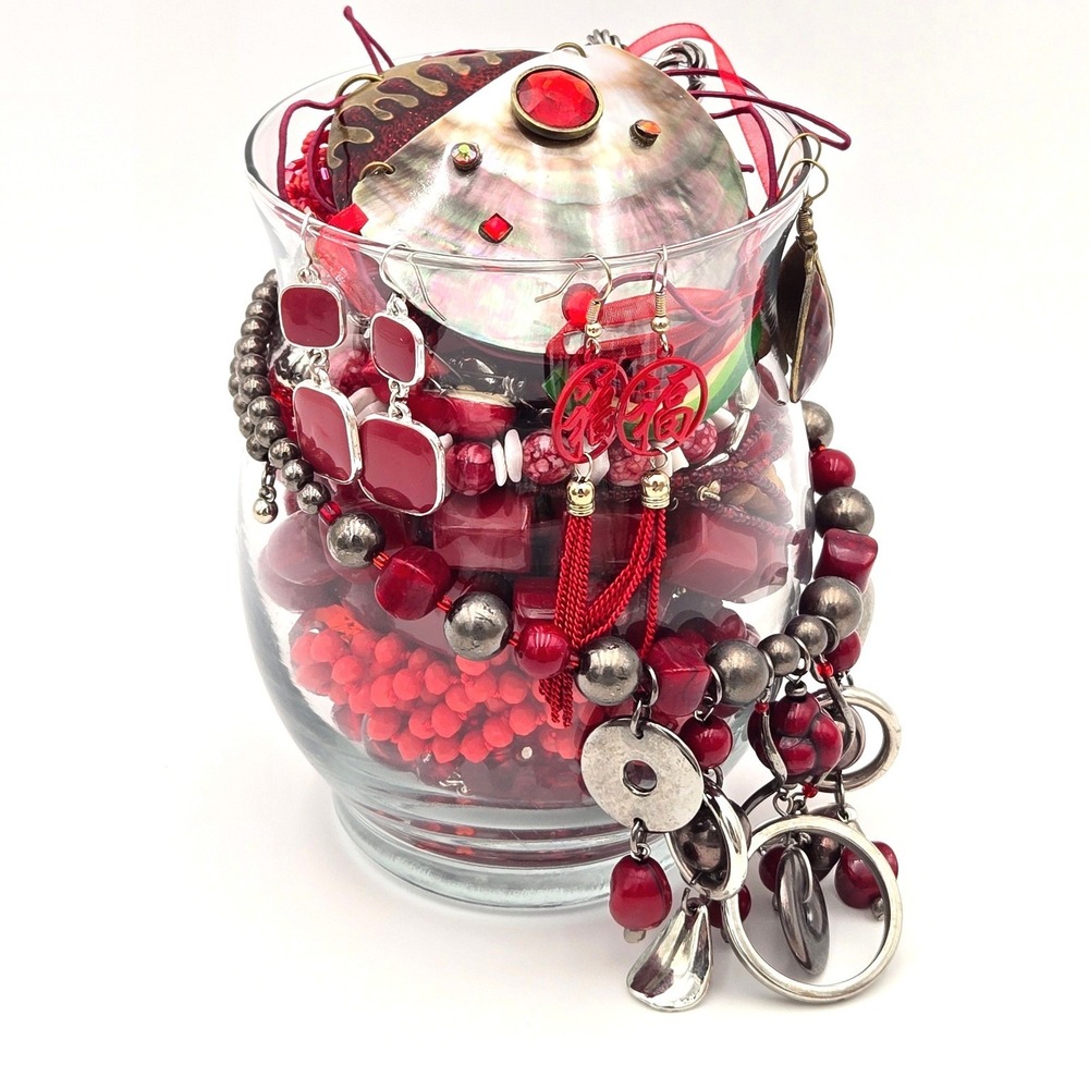 Red Assorted Costume Jewelry Mystery Jar 1lb 4.2oz Necklaces Bracelets Earrings